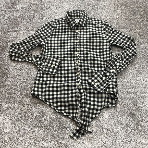 J. Crew Tops - J.Crew Button Up Blouse Shirt Womens XXS Black White Plaid Long Sleeve Collared